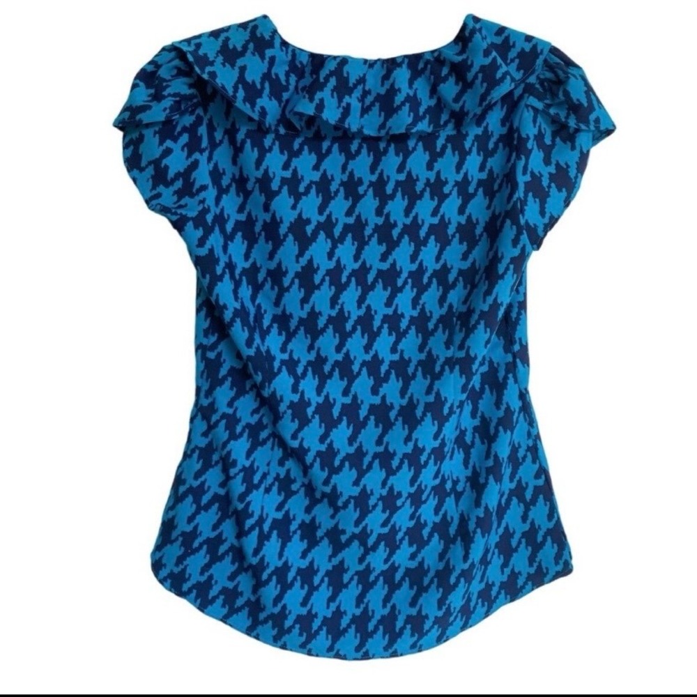 Banana Republic Blue Abstract Houndstooth Ruffle V-Neck Blouse XS Short Sleeve - Picture 11 of 11